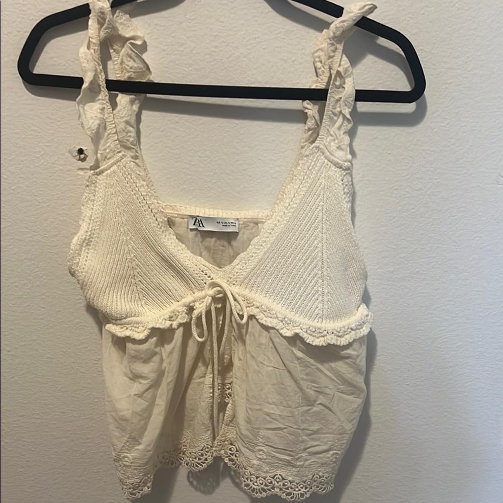 Cream Crochet Knit & Woven Tie-Front Tank